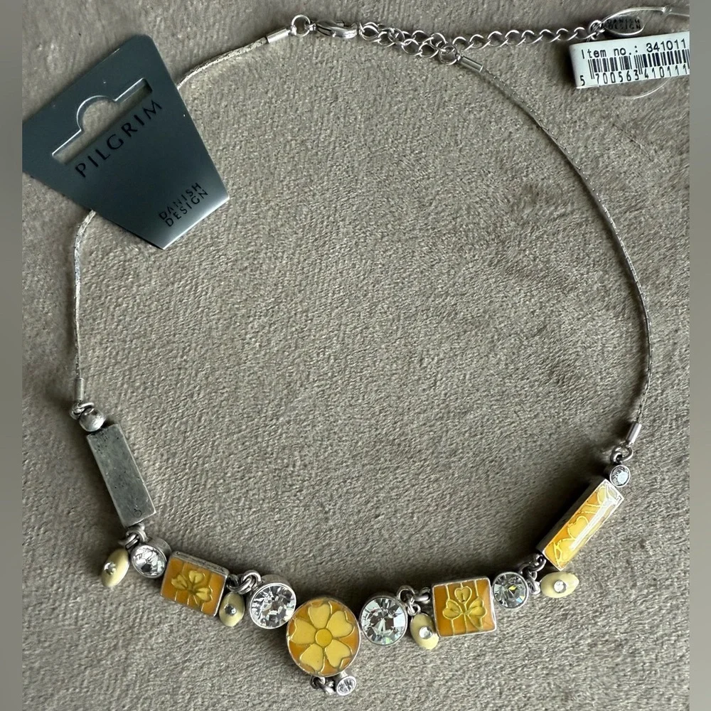 Pilgrim Silver-Tone Necklace with Yellow Floral Accents